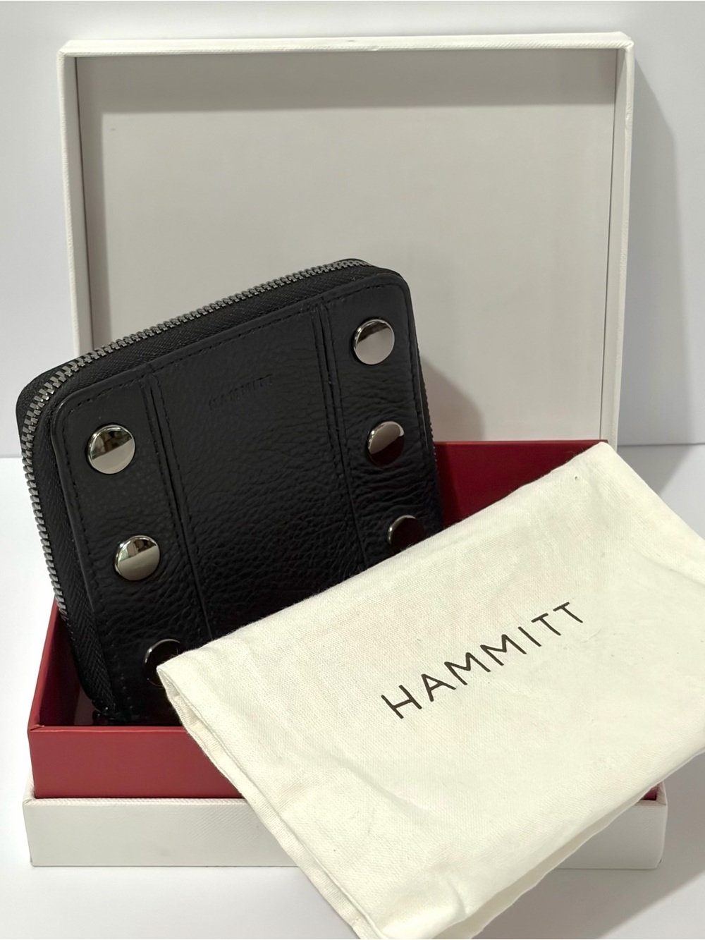 Hammitt 5 North Leather Compact Wallet in Black With Gunmetal Hardware and Rivet